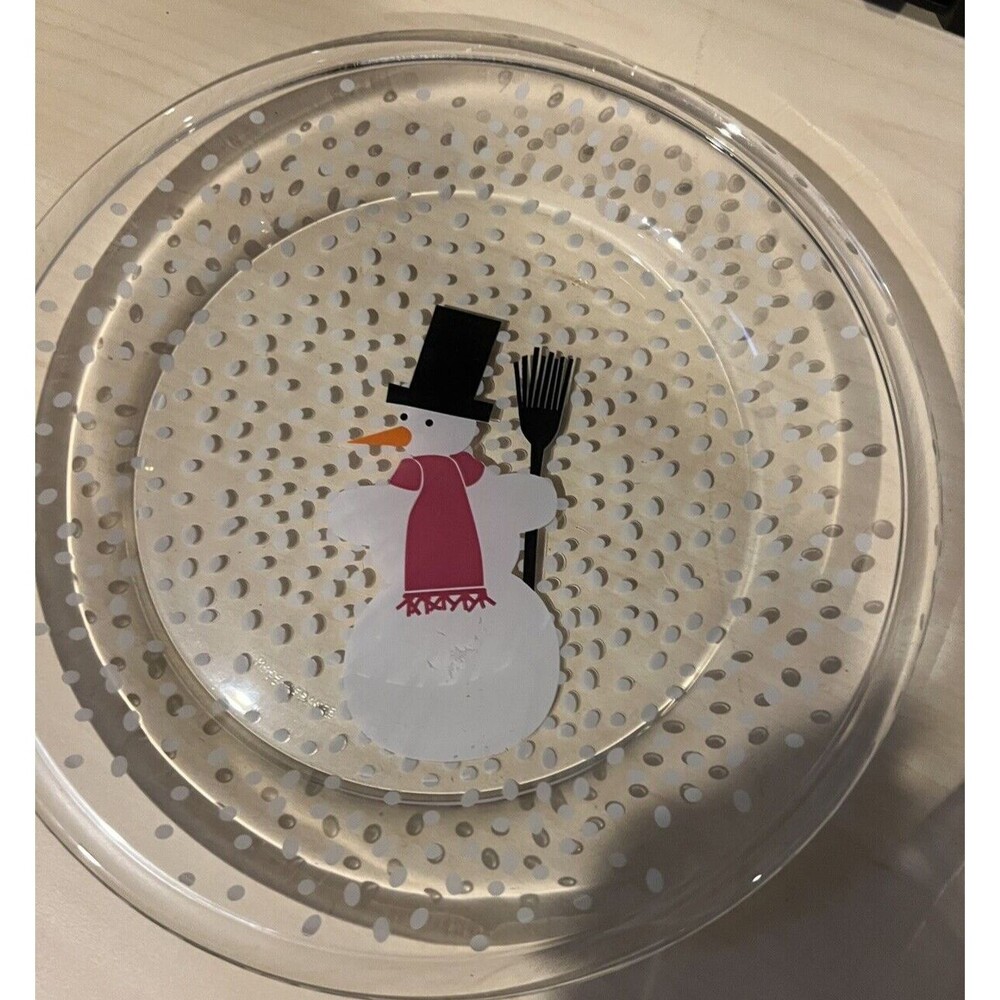 BODUM FRANCE CLEAR GLASS SNOWMAN plate 8.5" dish FALLING SNOWFLAKES winter bodem